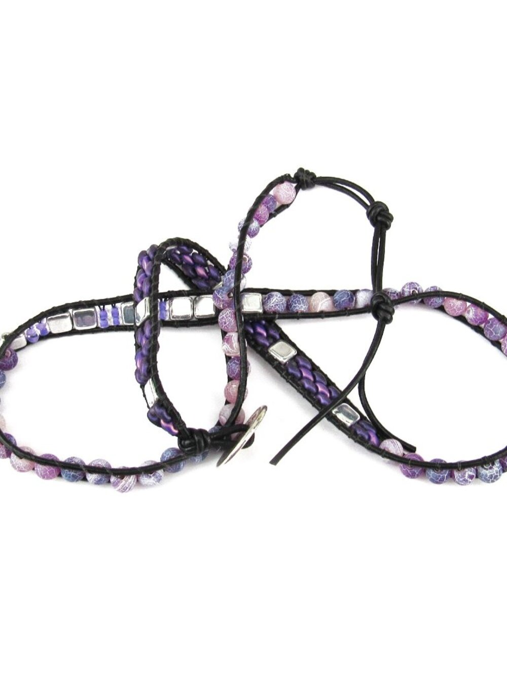 Purple Agate Triple Wrap Stone Bracelet, Leather Glass, Handmade Beaded, Western - Picture 6 of 6